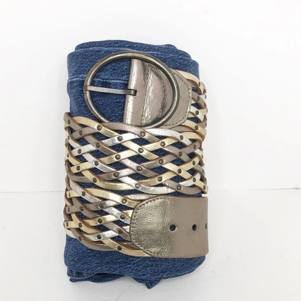 Fossil leather, metallic woven belt